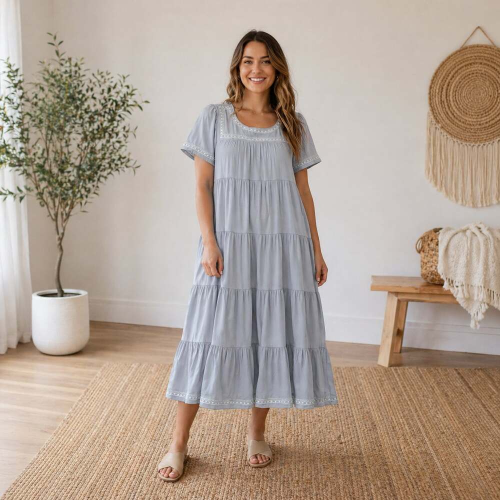 Tea n Rose Blue Tiered Midi Dress Embroidered Babydoll Cottagecore Size M
